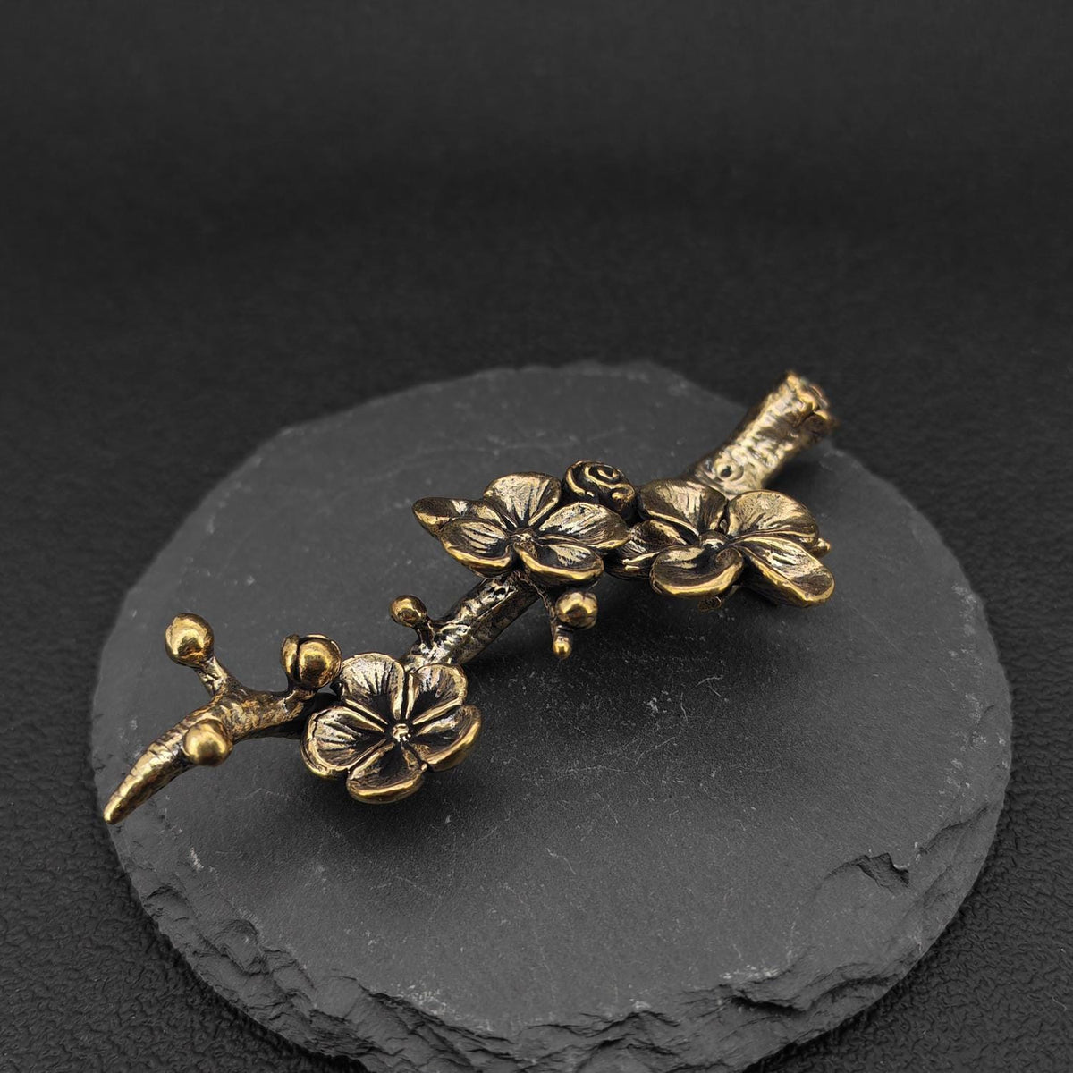 Brass Plum Blossom Pen Holder — Antique Botanical Desk Sculpture and Paperweight