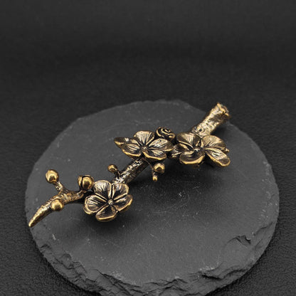 Brass Plum Blossom Pen Holder — Antique Botanical Desk Sculpture and Paperweight