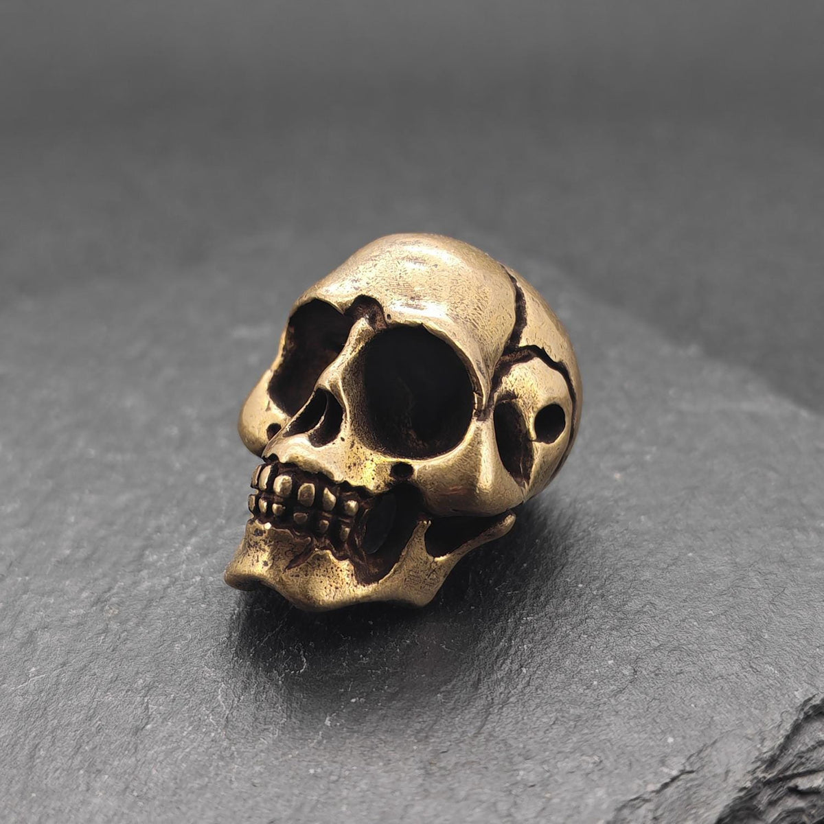 Brass Skull Figurine — Miniature Gothic Sculpture for Desk and Shelf Decor