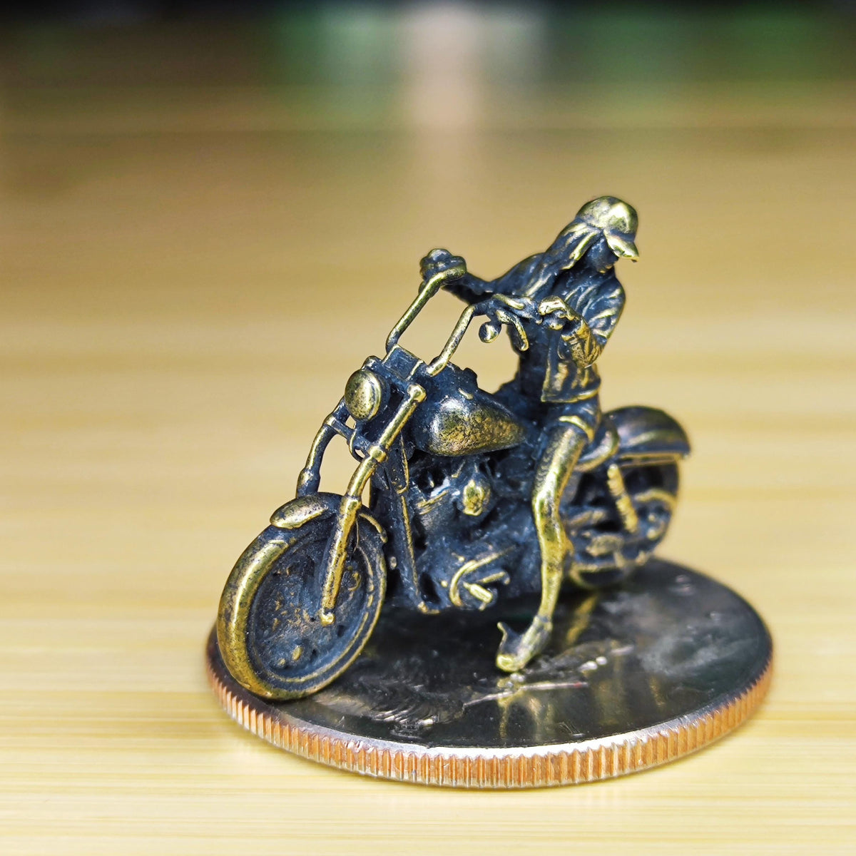 Female Rider Motorcycle Brass Figurine – Handcrafted Biker Miniature Collectible