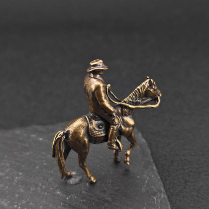 Brass Cowboy on Horseback Figurine — Polished Western Desk Sculpture & Miniature Collector Piece