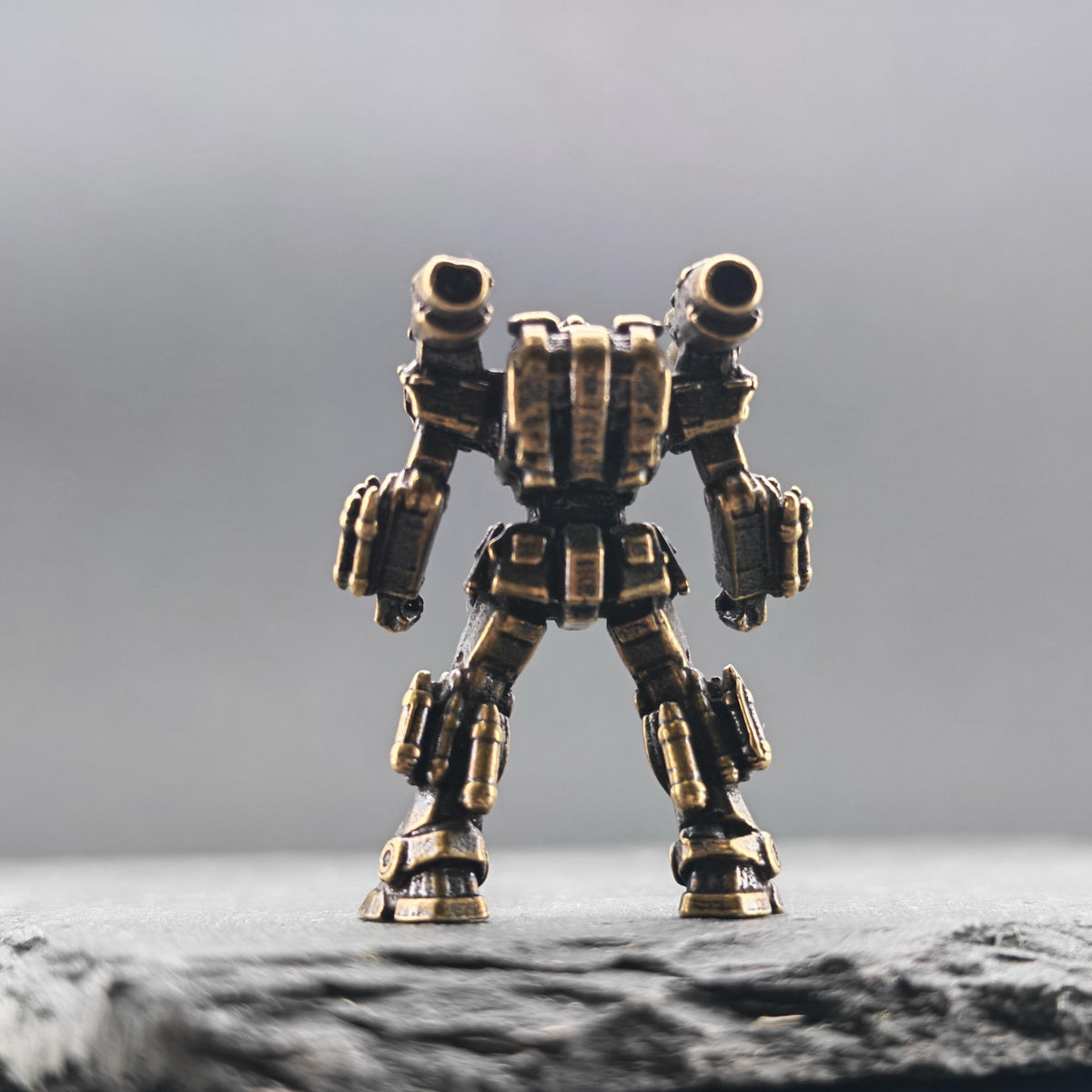 Brass Mecha Miniature — Stocky Federation Exosuit Micro Figure for Diorama, Terrarium and Aquascape