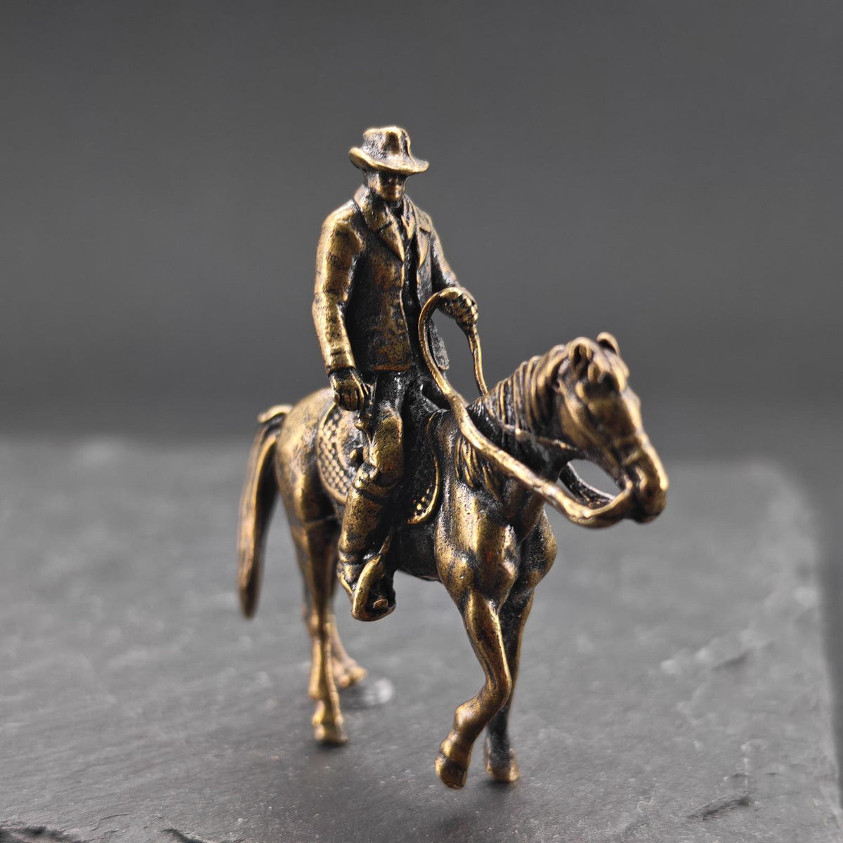 Brass Cowboy on Horseback Figurine — Polished Western Desk Sculpture & Miniature Collector Piece