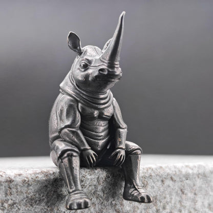 Brass Seated Rhino Figurine — Anthropomorphic Double-Horn Sculpture for Desk and Shelf