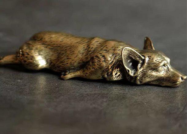 Brass Sleeping Corgi Figurine – Handcrafted Antique Finish Dog Collectible