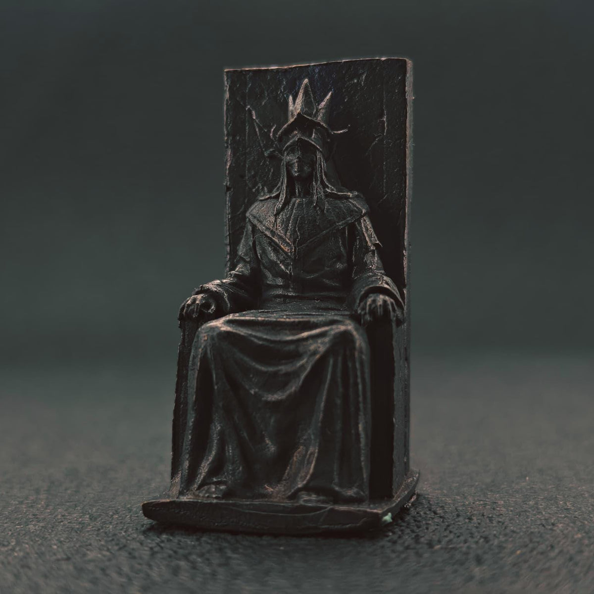 Brass Throne Figurine – Crowned Ruler, Handcrafted Dark Fantasy Collectible