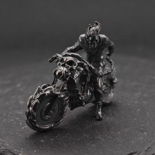 Aged Brass Motorcycle Rider Figurine — Biker Desk Sculpture & Collector Miniature