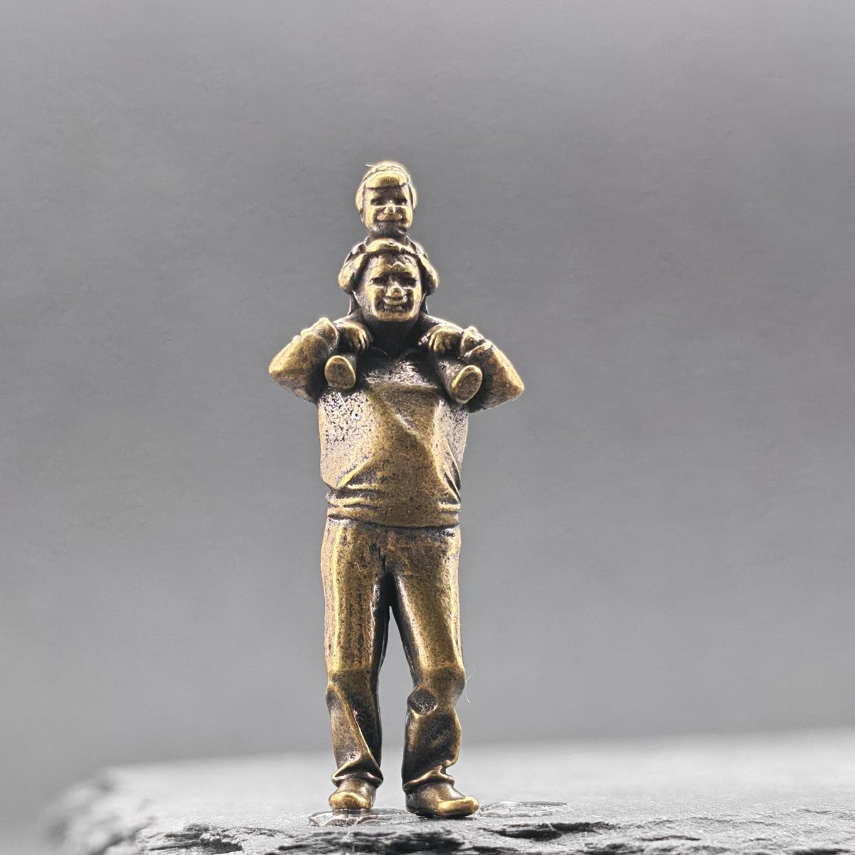 Shoulder Ride Brass Figurine – Father and Child Miniature Warmth Sculpture