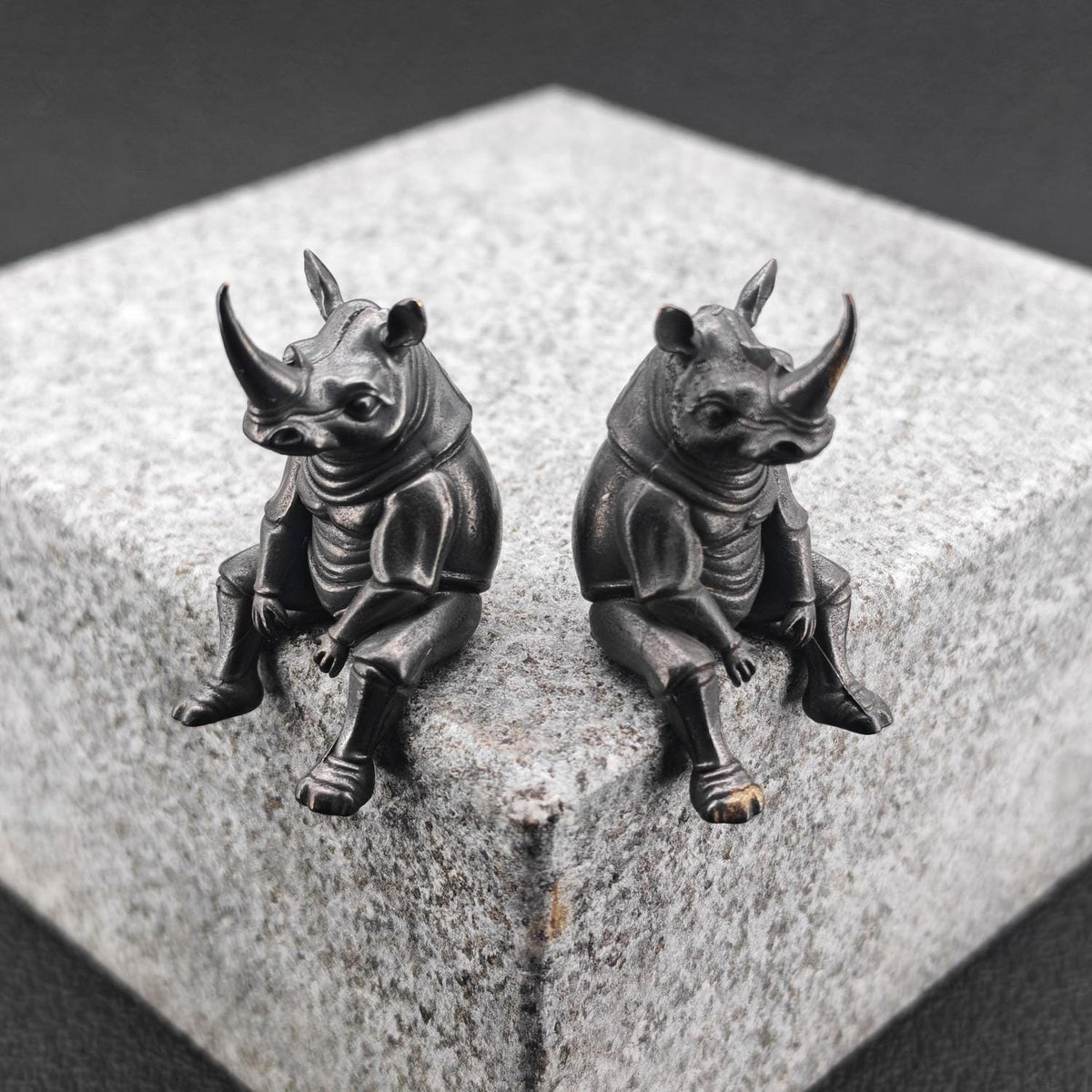 Brass Seated Rhino Figurine — Anthropomorphic Double-Horn Sculpture for Desk and Shelf