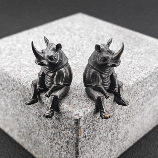 Brass Seated Rhino Figurine — Anthropomorphic Double-Horn Sculpture for Desk and Shelf
