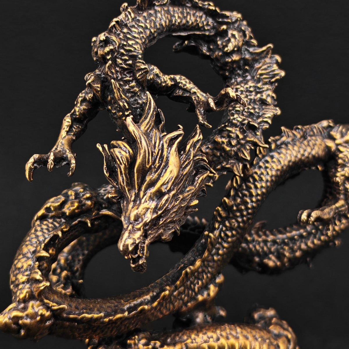 Solid Brass Chinese Dragon Figurine — Coiled Feng Shui Sculpture for Desk, Shelf, and Collector Display