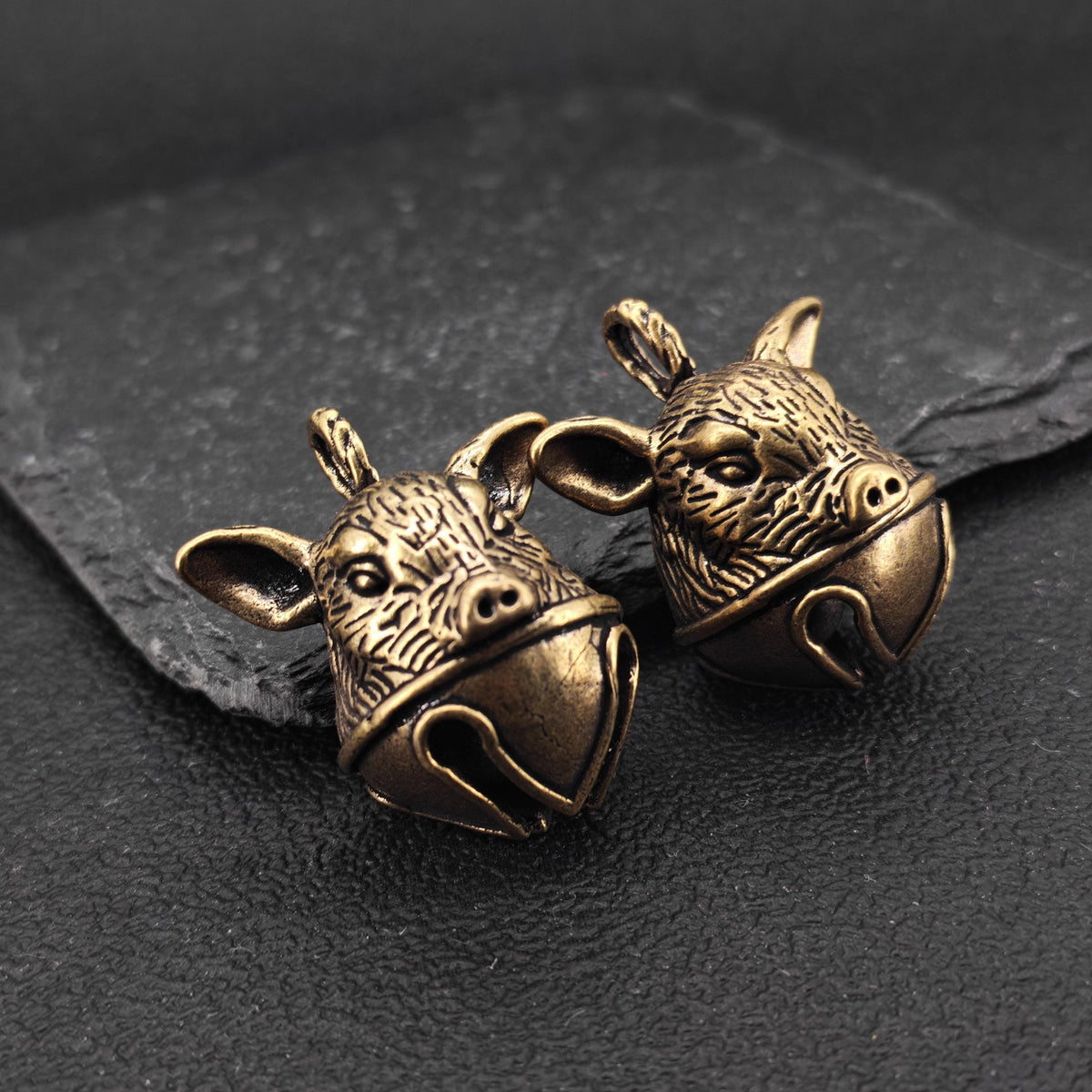 Brass Pig Bell Pendant – Handcrafted Miniature Animal Charm Collectible