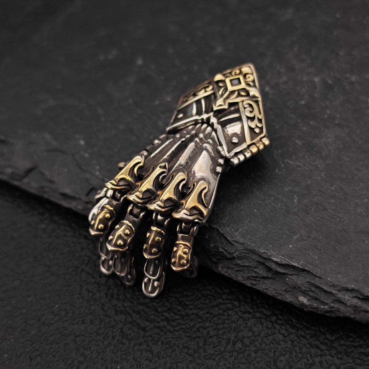 Guardian Hand Pendant — Articulated Medieval Gauntlet in Steampunk and Gothic Style