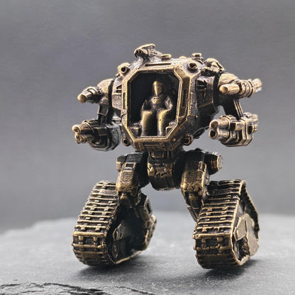 Brass Heavy Mech Statue — Sci-Fi Robot Miniature for Terrarium, Diorama and Desk Display