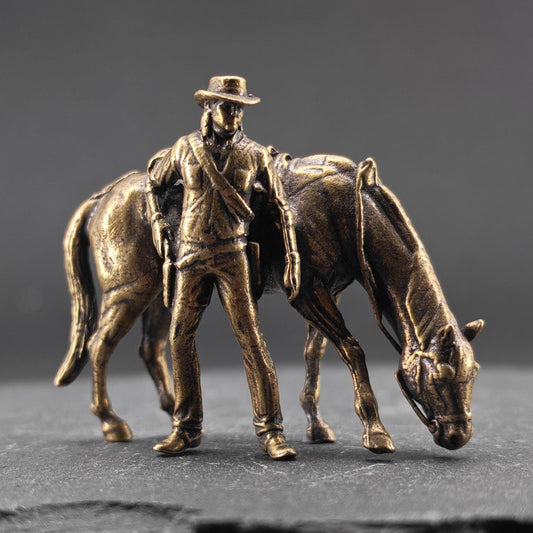 Brass Cowboy & Grazing Horse Scene — Western Miniature Diorama Sculpture & Collector Piece
