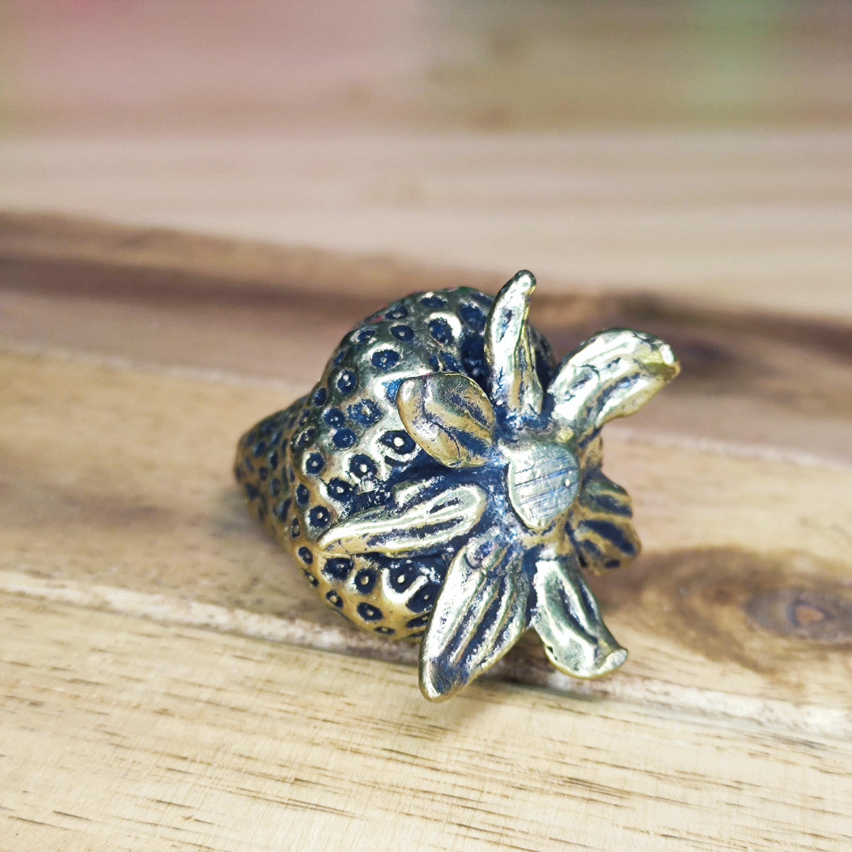 Brass Strawberry Figurine — Antique Miniature Sculpture and Ring for Desk, Shelf and Gift