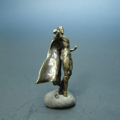 Brass Flying Superhero Figurine — Caped Hero Desk Sculpture & Comic Collector Miniature