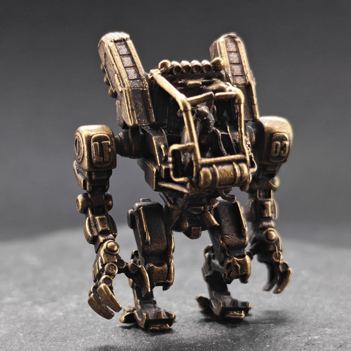Brass Ground Crew Mech Figurine — Sci-Fi Robot Miniature for Terrarium, Diorama and Desk Display