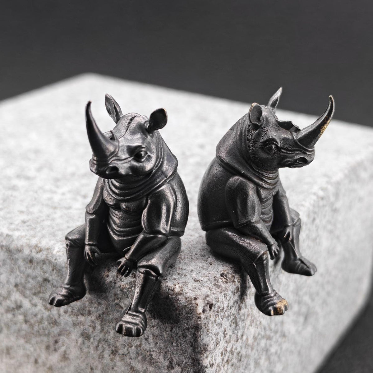 Brass Seated Rhino Figurine — Anthropomorphic Double-Horn Sculpture for Desk and Shelf