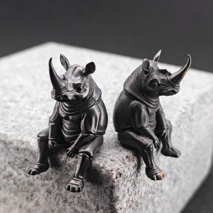 Brass Seated Rhino Figurine — Anthropomorphic Double-Horn Sculpture for Desk and Shelf