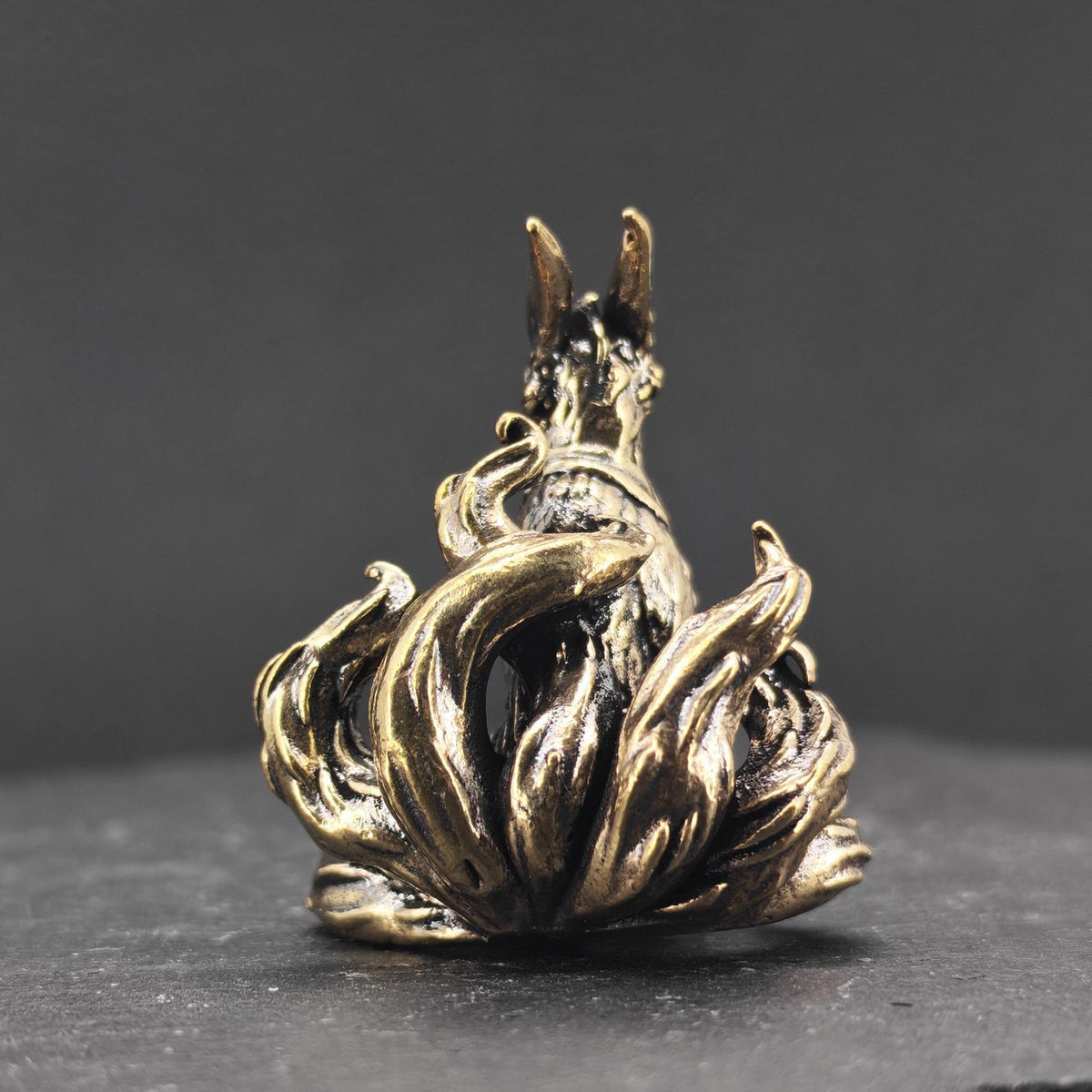 Kitsune Warrior Brass Figurine – Handcrafted Mythical Fox Spirit Collectible