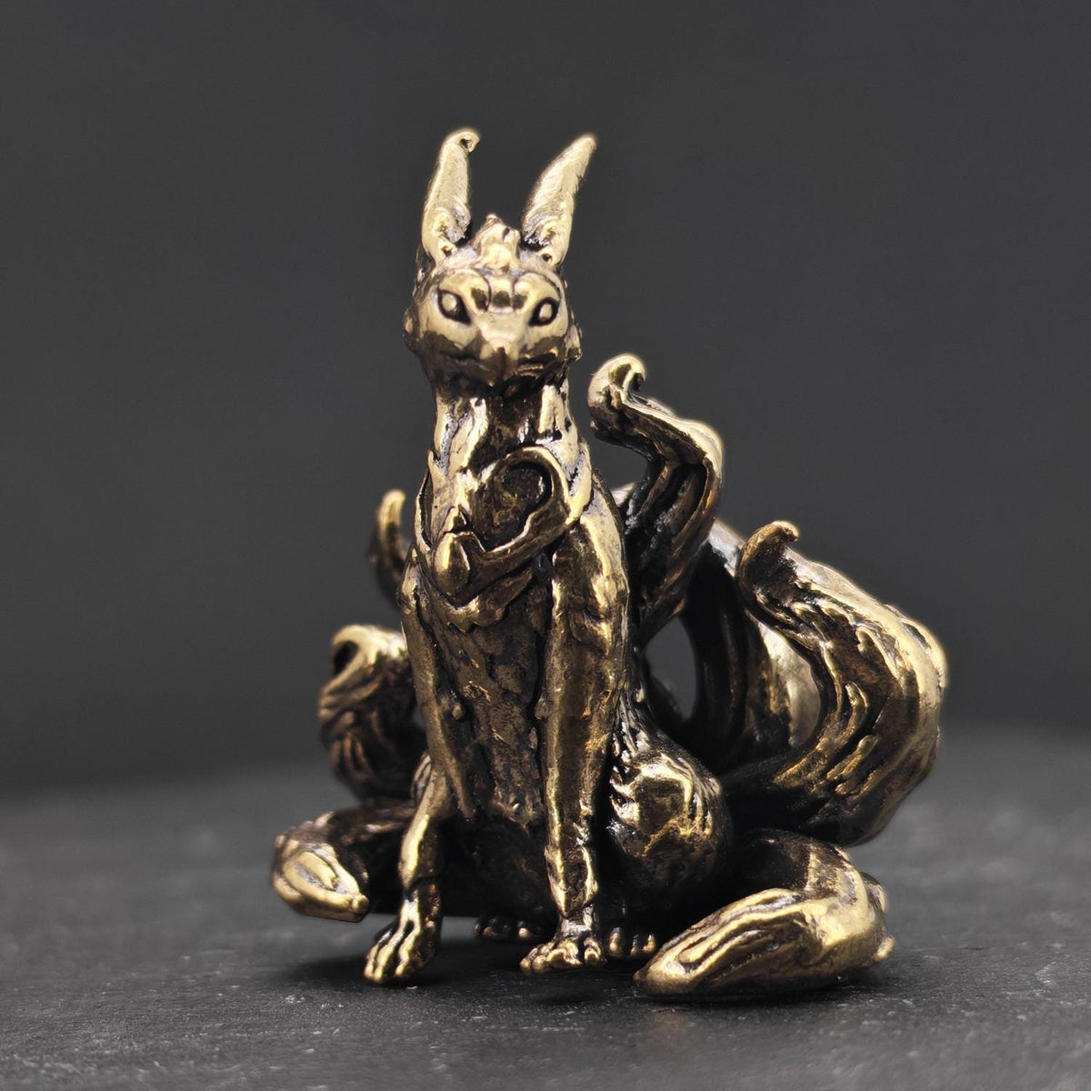 Kitsune Warrior Brass Figurine – Handcrafted Mythical Fox Spirit Collectible