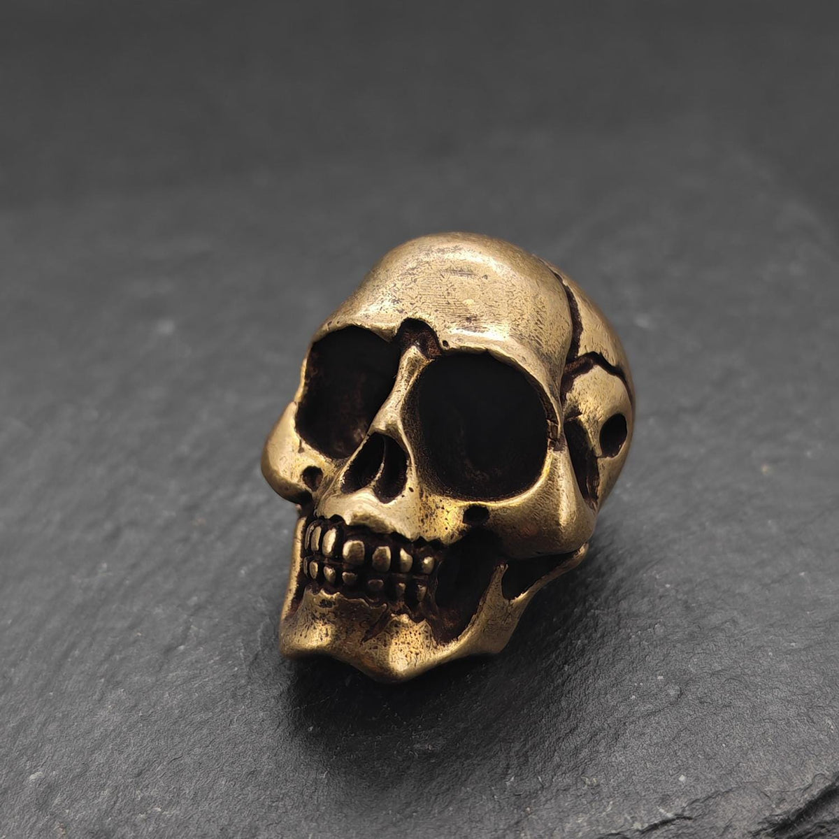 Brass Skull Figurine — Miniature Gothic Sculpture for Desk and Shelf Decor