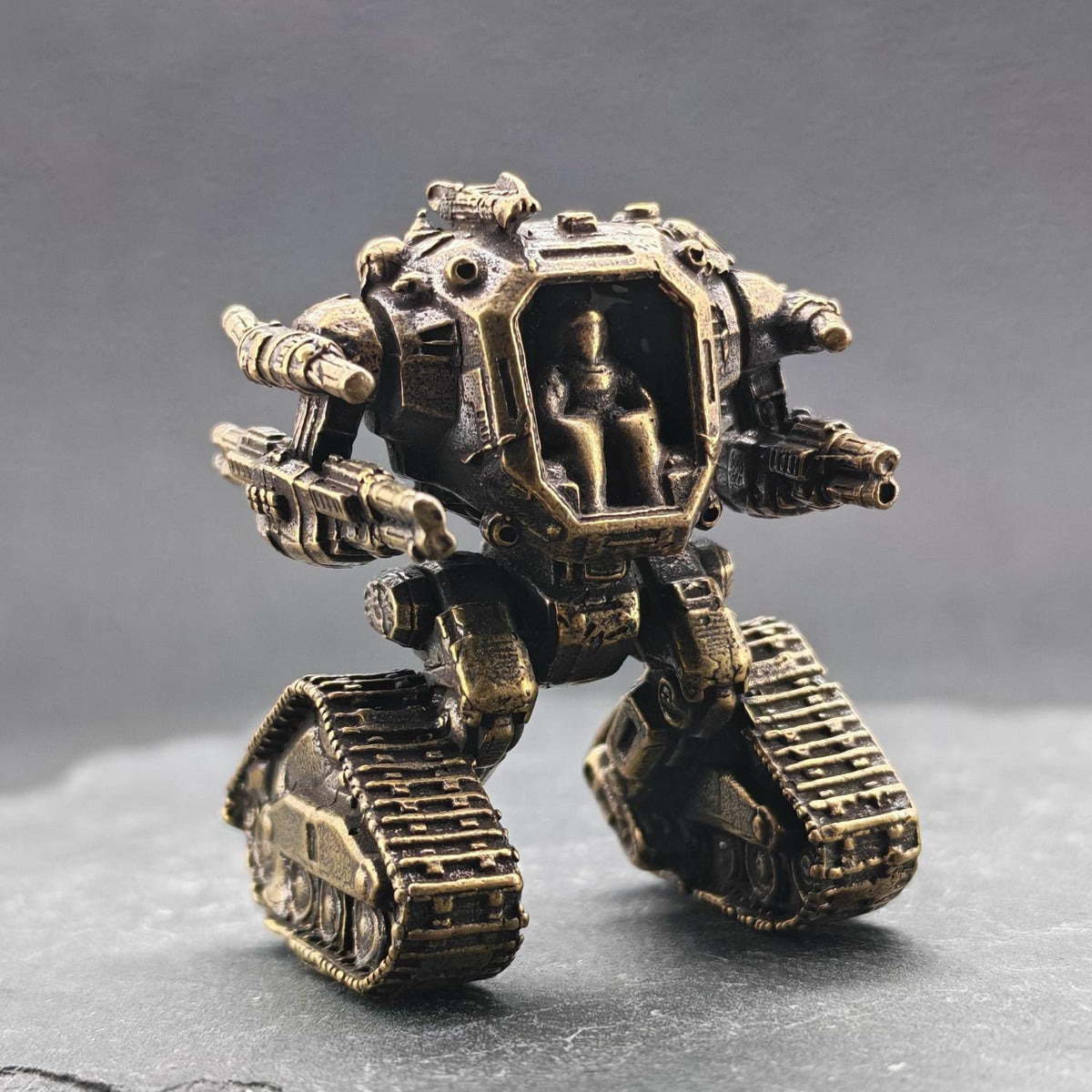Brass Heavy Mech Statue — Sci-Fi Robot Miniature for Terrarium, Diorama and Desk Display
