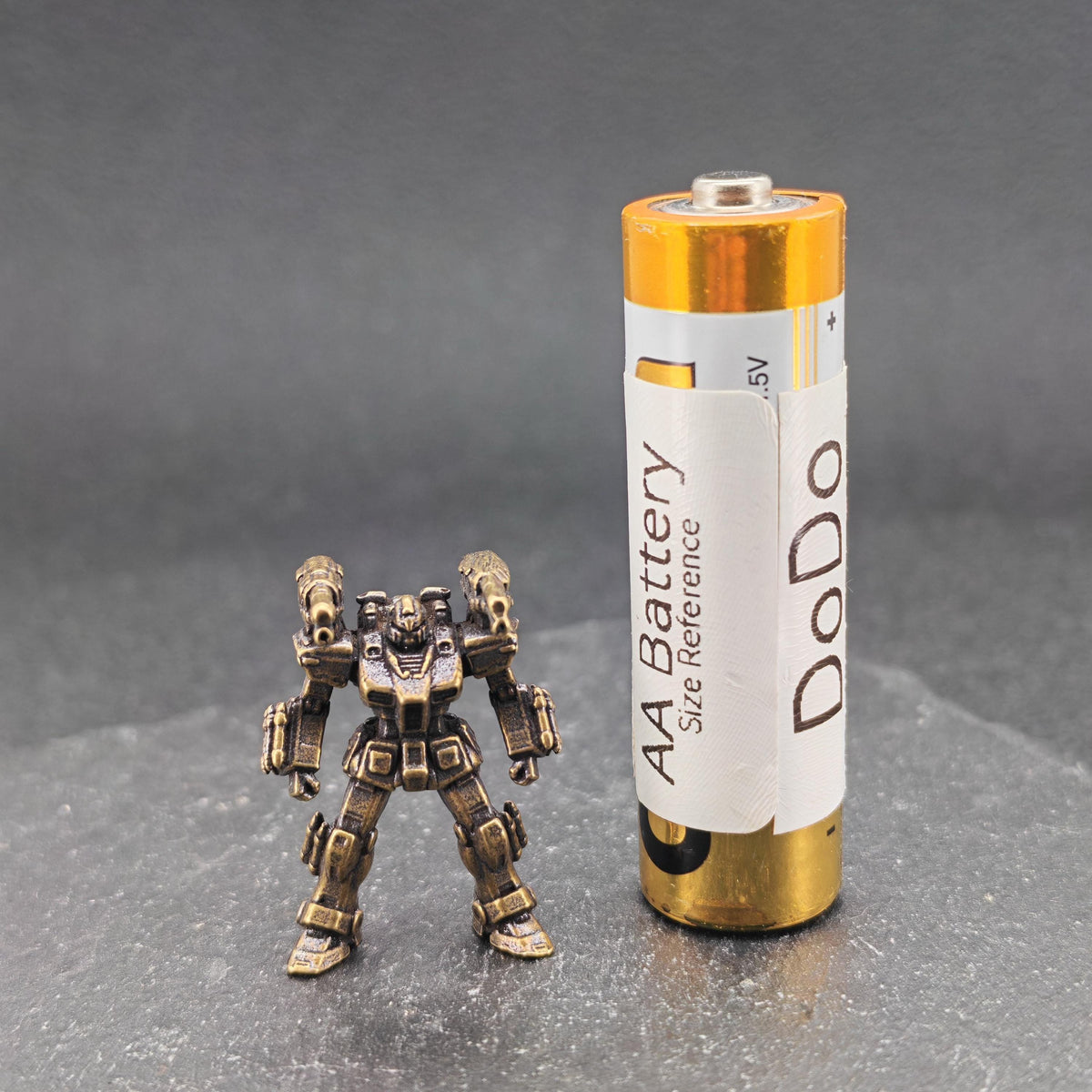 Brass Mecha Miniature — Stocky Federation Exosuit Micro Figure for Diorama, Terrarium and Aquascape