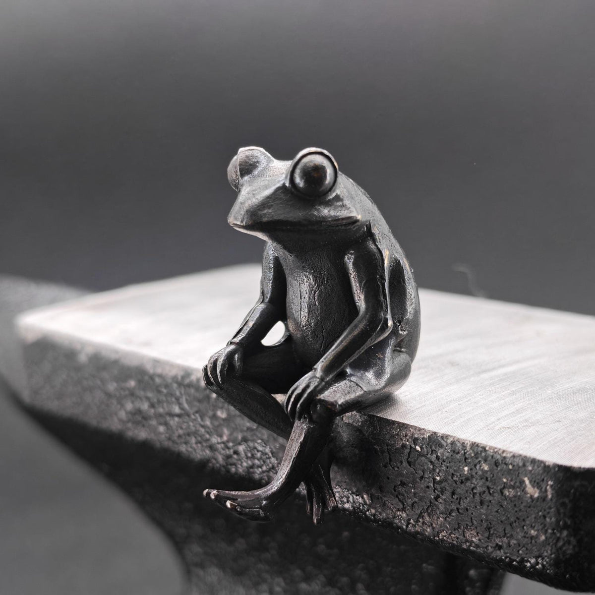 Brass Meditating Frog Figurine — Oxidised Black Mini Statue for Desk, Shelf and Zen Decor