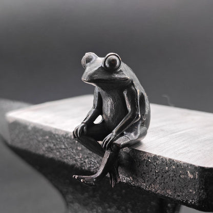 Brass Meditating Frog Figurine — Oxidised Black Mini Statue for Desk, Shelf and Zen Decor