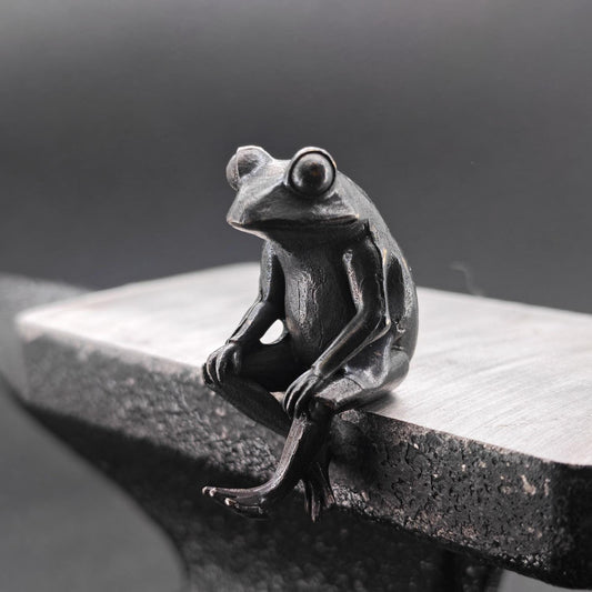 Brass Meditating Frog Figurine — Oxidised Black Mini Statue for Desk, Shelf and Zen Decor