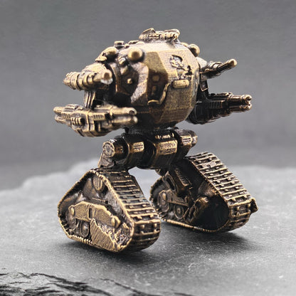 Brass Heavy Mech Statue — Sci-Fi Robot Miniature for Terrarium, Diorama and Desk Display