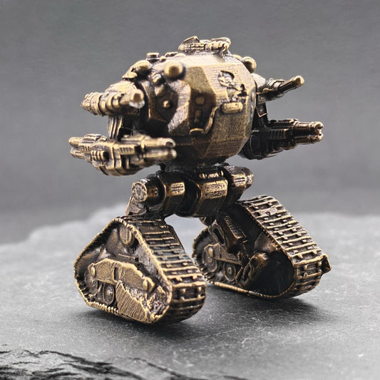 Brass Heavy Mech Statue — Sci-Fi Robot Miniature for Terrarium, Diorama and Desk Display