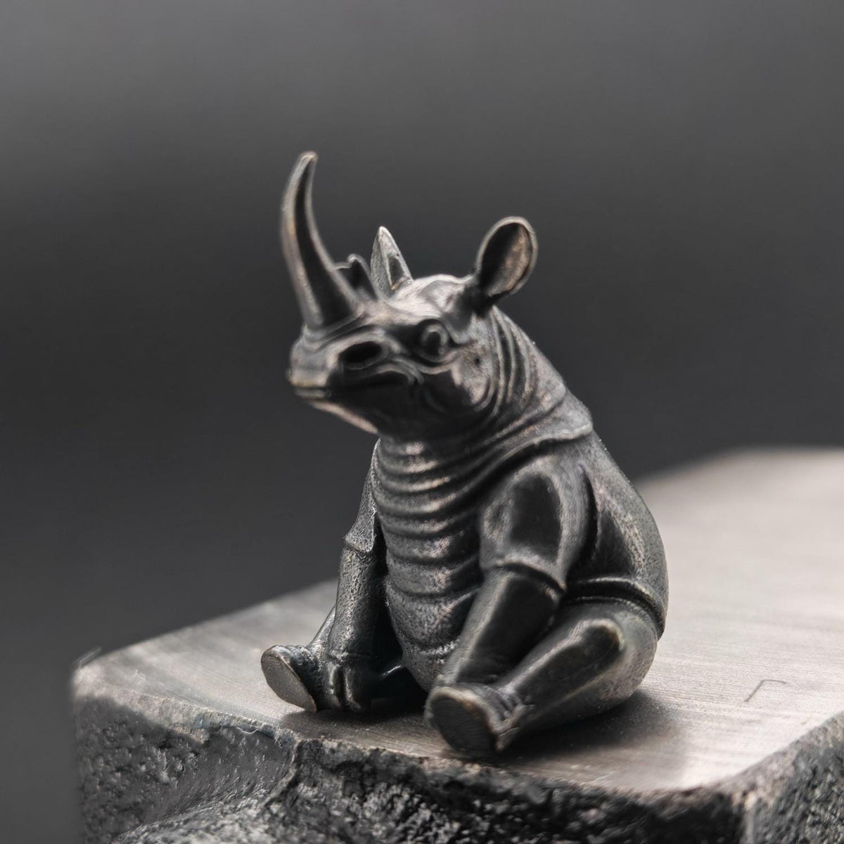 Daydreaming Rhino Brass Figurine – Meditating Animal Collectible Sculpture