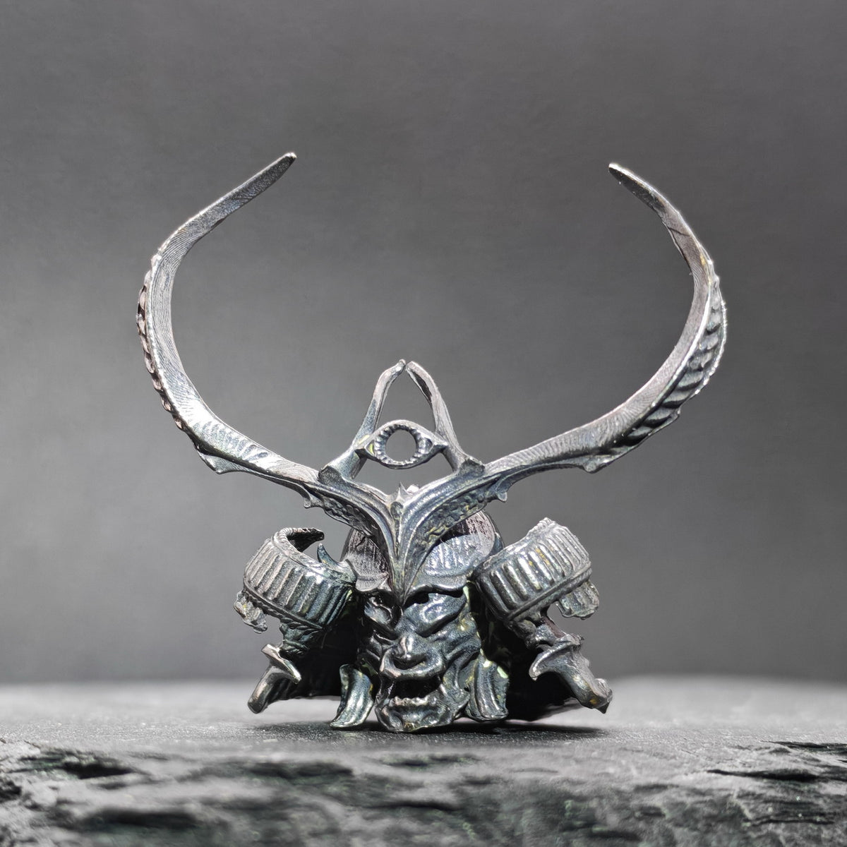 Brass Skull Samurai Helmet Miniature – Dark Warrior Figurine