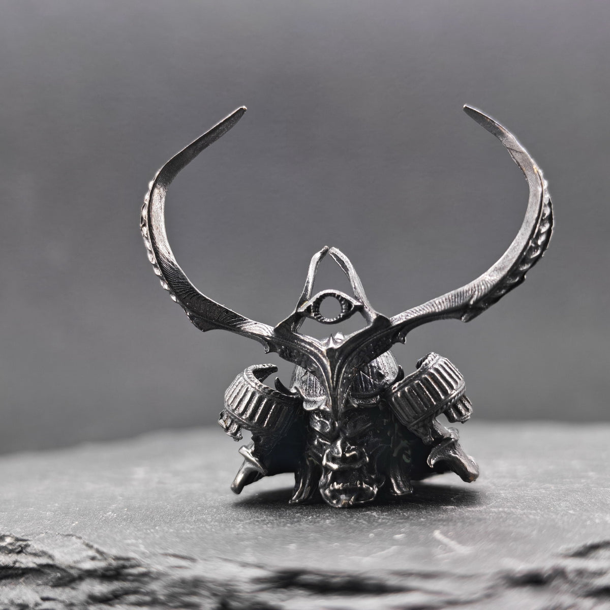 Brass Skull Samurai Helmet Miniature – Dark Warrior Figurine