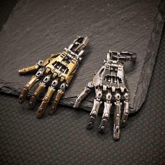 Articulated Mechanical Hand Pendant – Steampunk Wearable Sculpture in White Bronze & Brass
