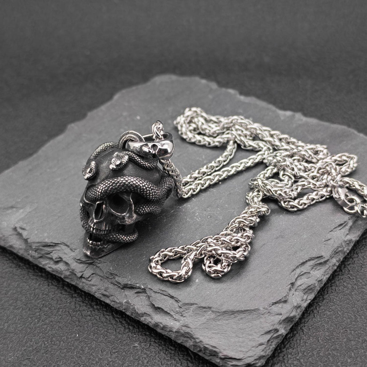 Snake and Skull Gothic Pendant – Stainless Steel Necklace for Him