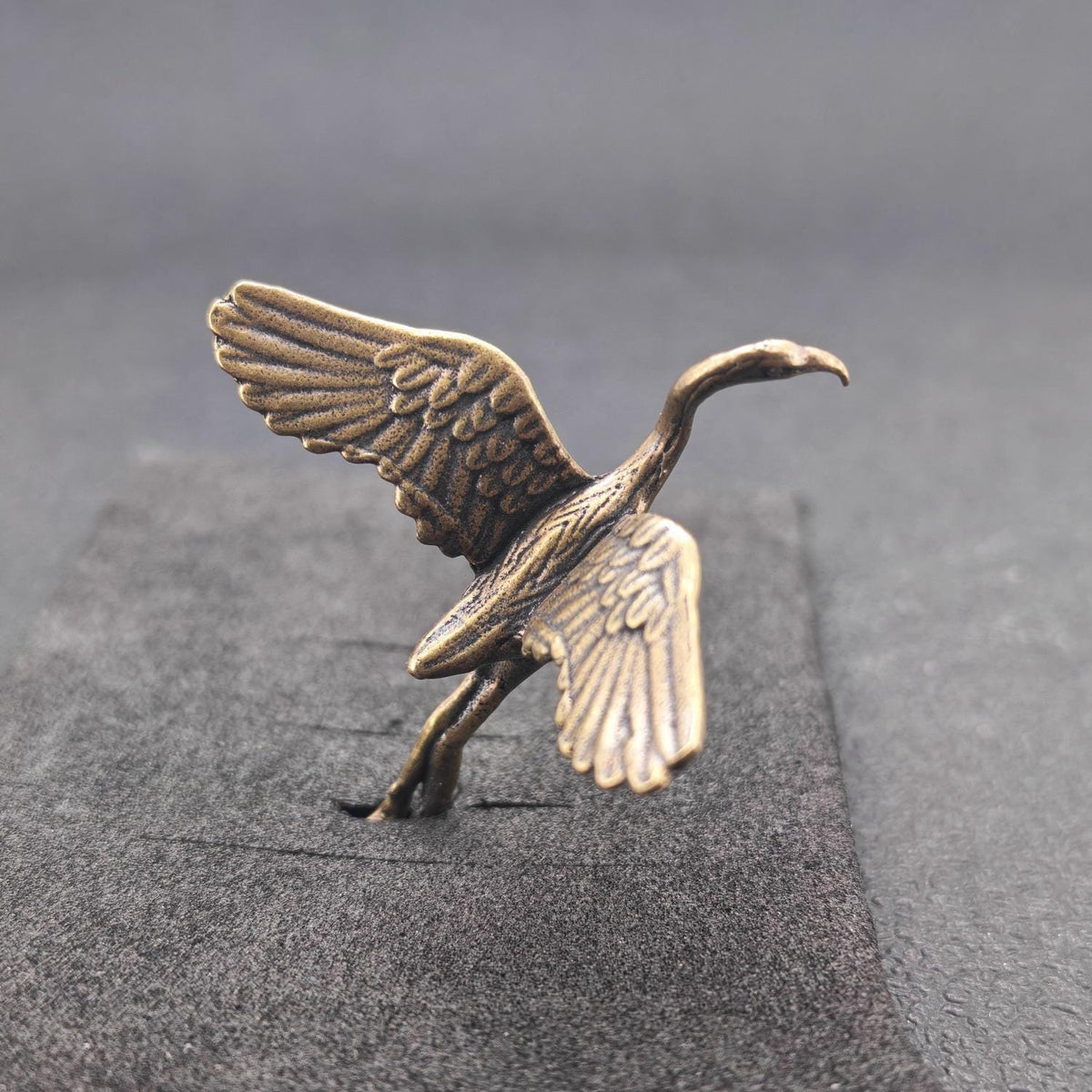 Crane in Flight Brass Figurine – Handcrafted Bird Miniature for Terrarium and Desk