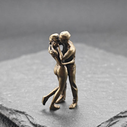 Miniature Brass Couple Figurine — Embracing & Kissing Lovers Sculpture