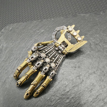Articulated Mechanical Hand Pendant – Steampunk Wearable Sculpture in White Bronze & Brass
