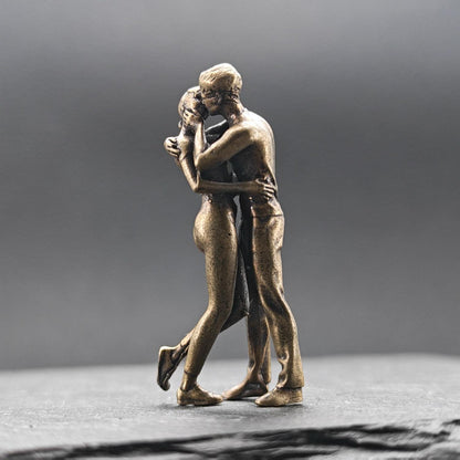 Miniature Brass Couple Figurine — Embracing & Kissing Lovers Sculpture