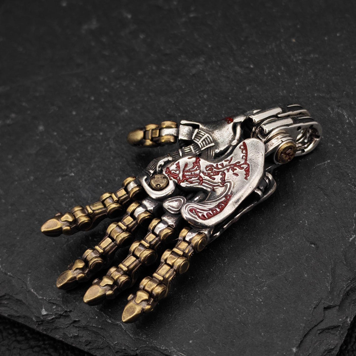 Steampunk Mechanical Hand Pendant — Movable Joints, Openable Back, Brass and White Bronze