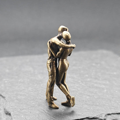 Miniature Brass Couple Figurine — Embracing & Kissing Lovers Sculpture