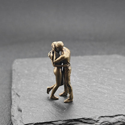 Miniature Brass Couple Figurine — Embracing & Kissing Lovers Sculpture