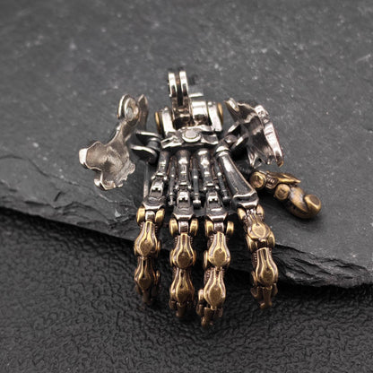 Steampunk Mechanical Hand Pendant — Movable Joints, Openable Back, Brass and White Bronze
