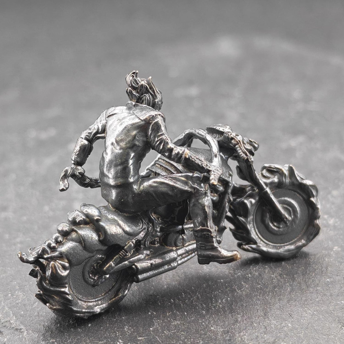 Aged Brass Motorcycle Rider Figurine — Biker Desk Sculpture & Collector Miniature