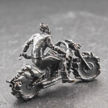 Aged Brass Motorcycle Rider Figurine — Biker Desk Sculpture & Collector Miniature