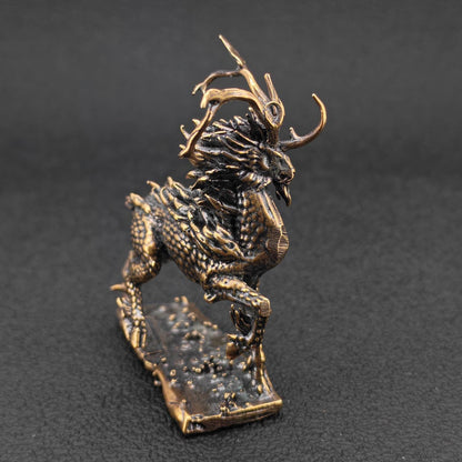 Brass Qilin Figurine — Antique Oxidised Mythical Beast Sculpture for Feng Shui, Desk, and Collector Display